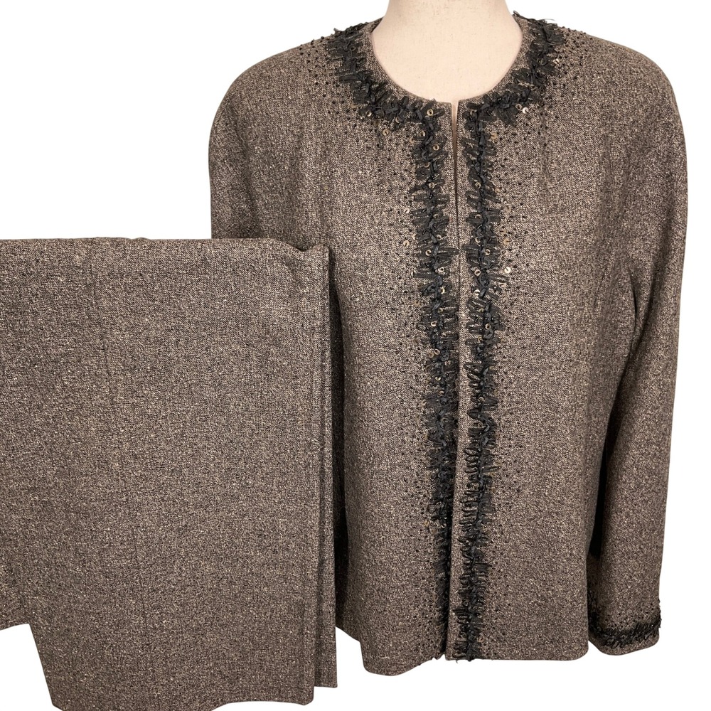 Linda‎ Allard Ellen Tracy Pantsuit Womens 16 Brown Embellished Tweed Wool VTG